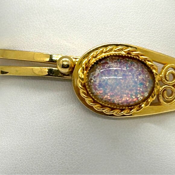 Hinged Clamper Bracelet With Acrylic Opaline Cabochon Gold-Tone Size 6 - Picture 5 of 11